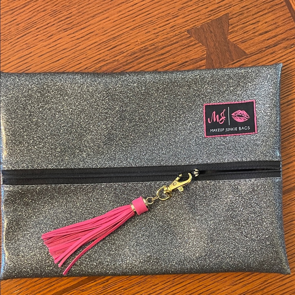 RARE Makeup Junkie Silver Cosmetic Bag with Pink Tassel